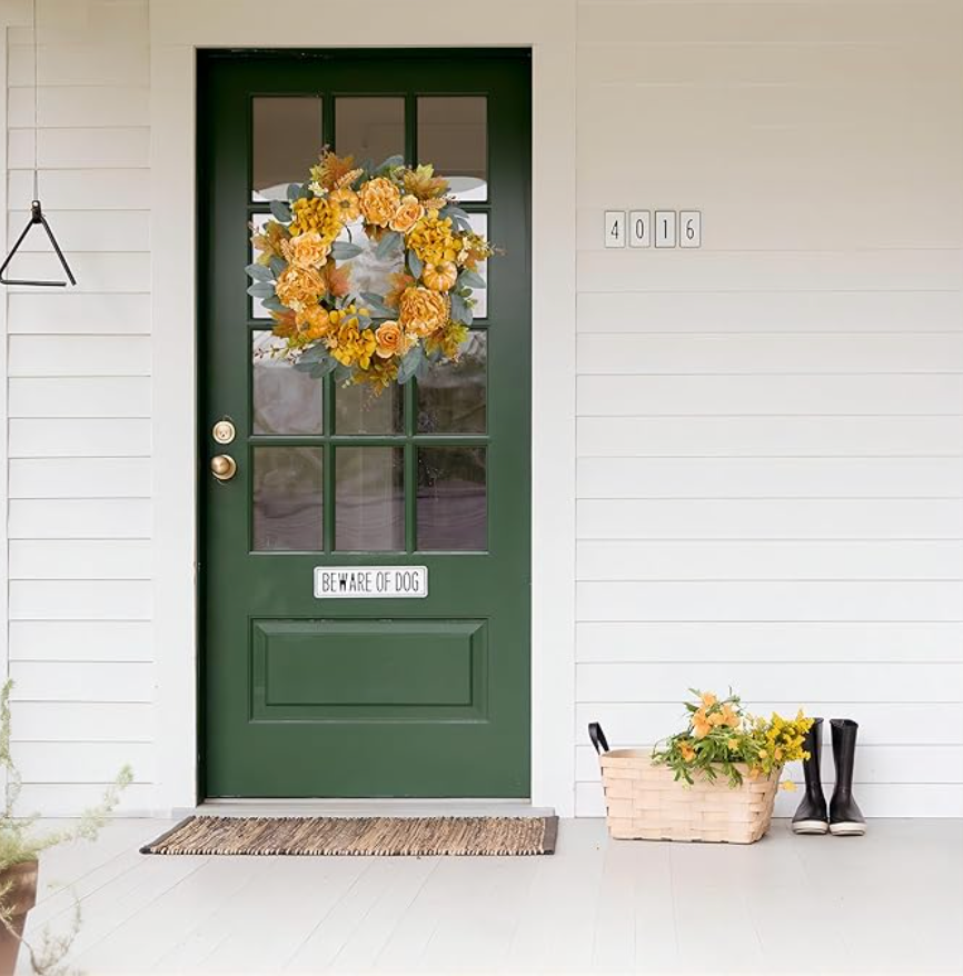 24 inch Orange Fall Wreath, Handmade with Faux Pumpkin Hydrangea Peony Camellia, Fall Front Door Decor, Autumn Wreath, Thanksgiving Wreath